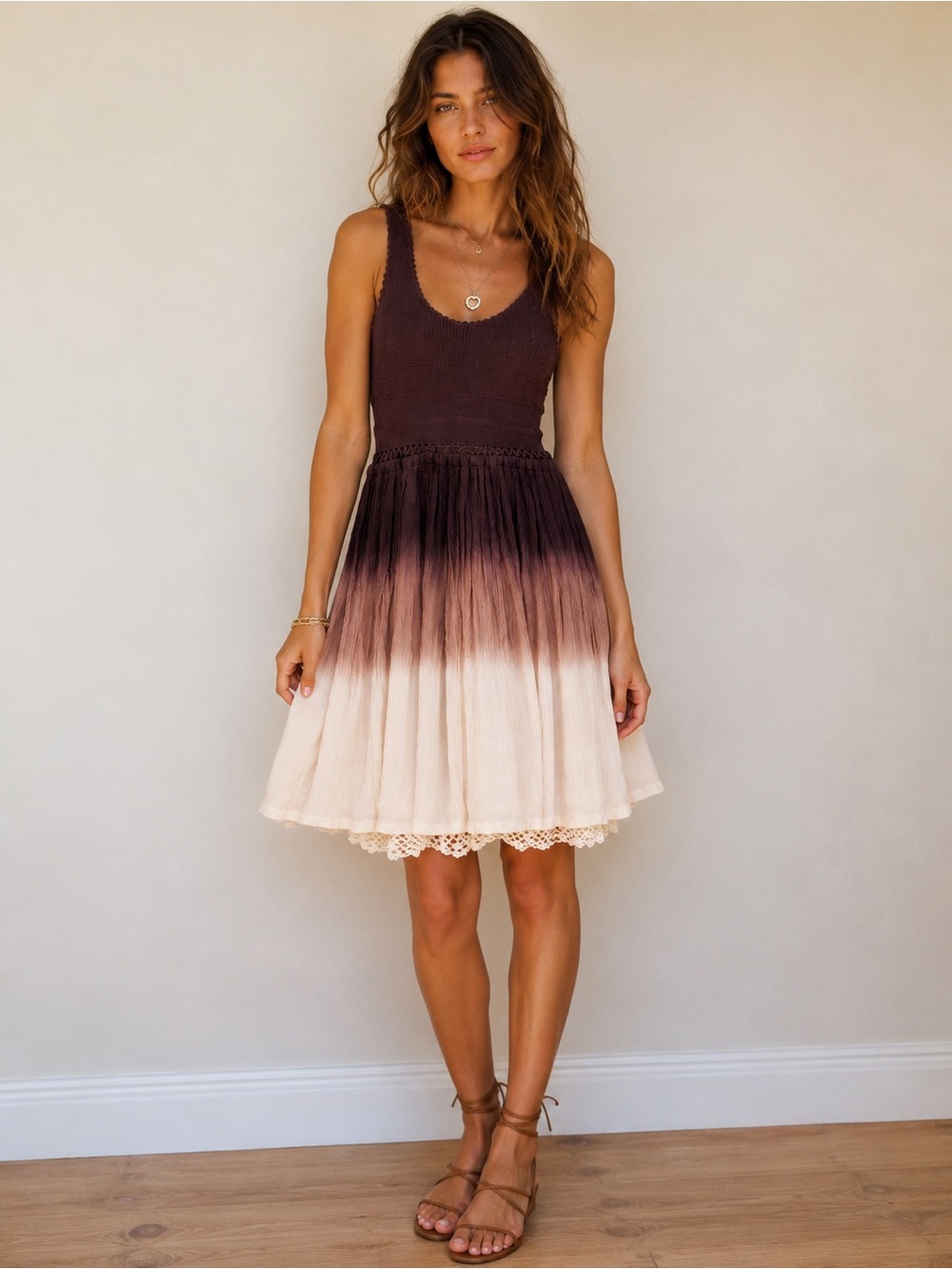 ALICE + OLIVIA Tula Silk Ombre Dress XS Brown Cream Crochet Lace Boho Resort - Picture 3 of 16